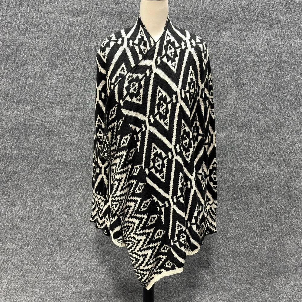 Knox Rose Cardigan Sweater Womens Medium Black White Aztec Knit Boho Open Front